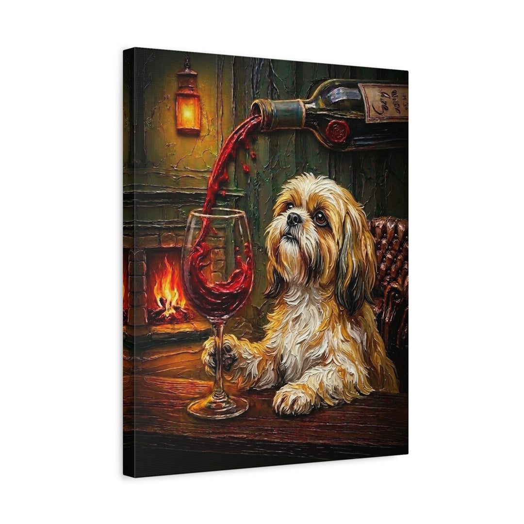 "Wine & Woof" - Shih Tzu Vertical Canvas - Dog Lover Wall Art