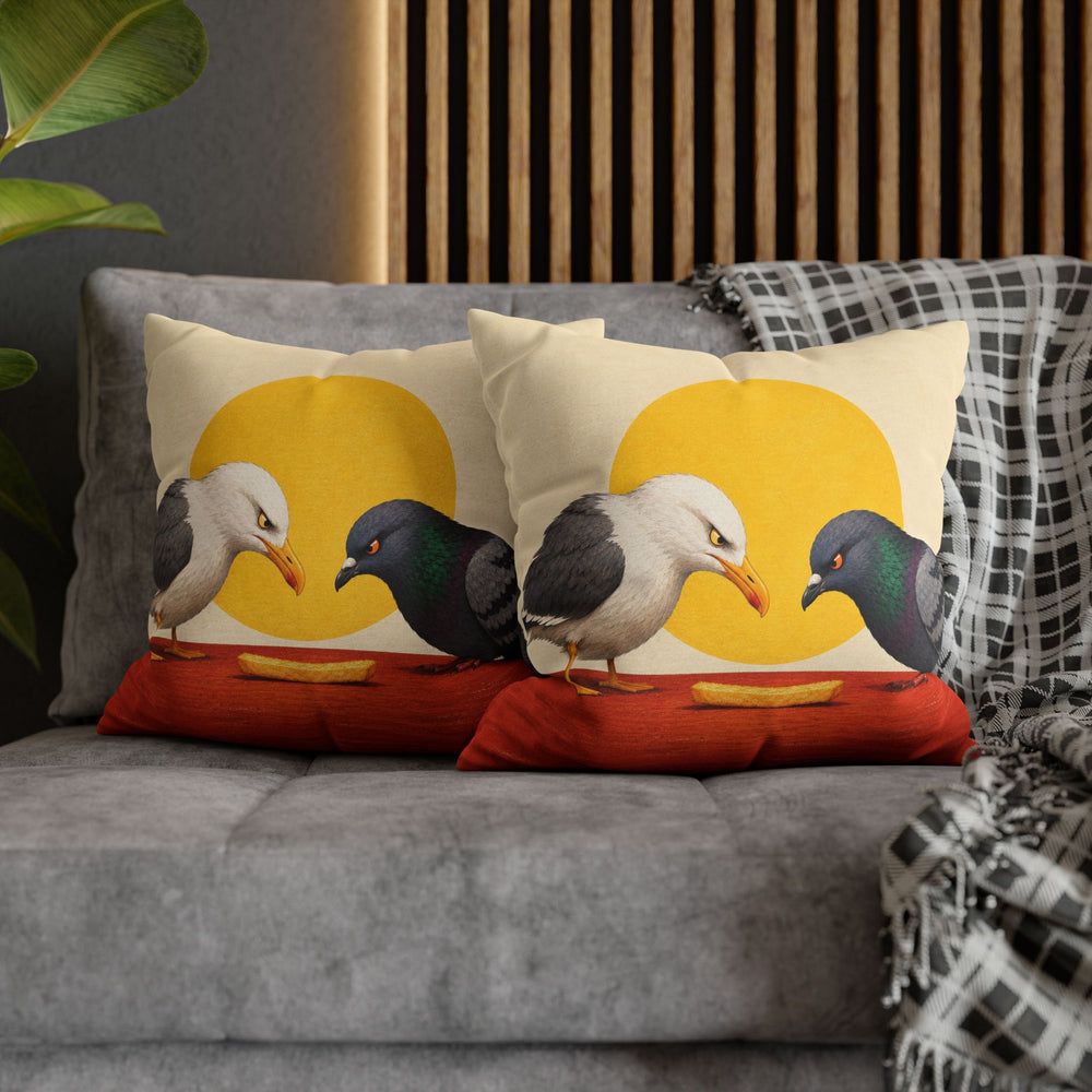 The Last Fry – Funny Kitchen Art with a Seagull and Pigeon Standoff – Pillow / Cover