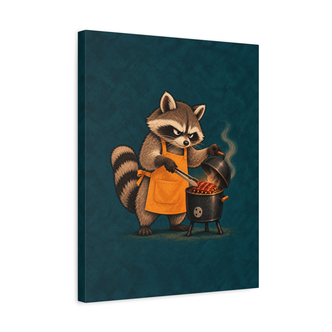 The Pit Boss – BBQ Wall Art with a Raccoon and a Tiny Smoker – Canvas / Framed Canvas