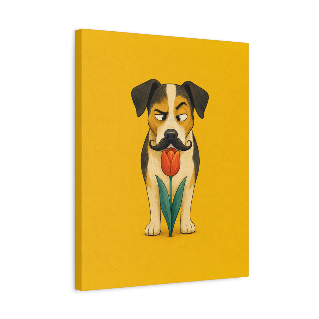 Garden Inspector II – Funny Dog Art with a Suspicious Tulip Sniff – Canvas / Framed Canvas