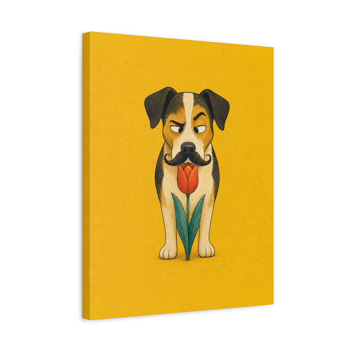 Garden Inspector II – Funny Dog Art with a Suspicious Tulip Sniff – Canvas / Framed Canvas