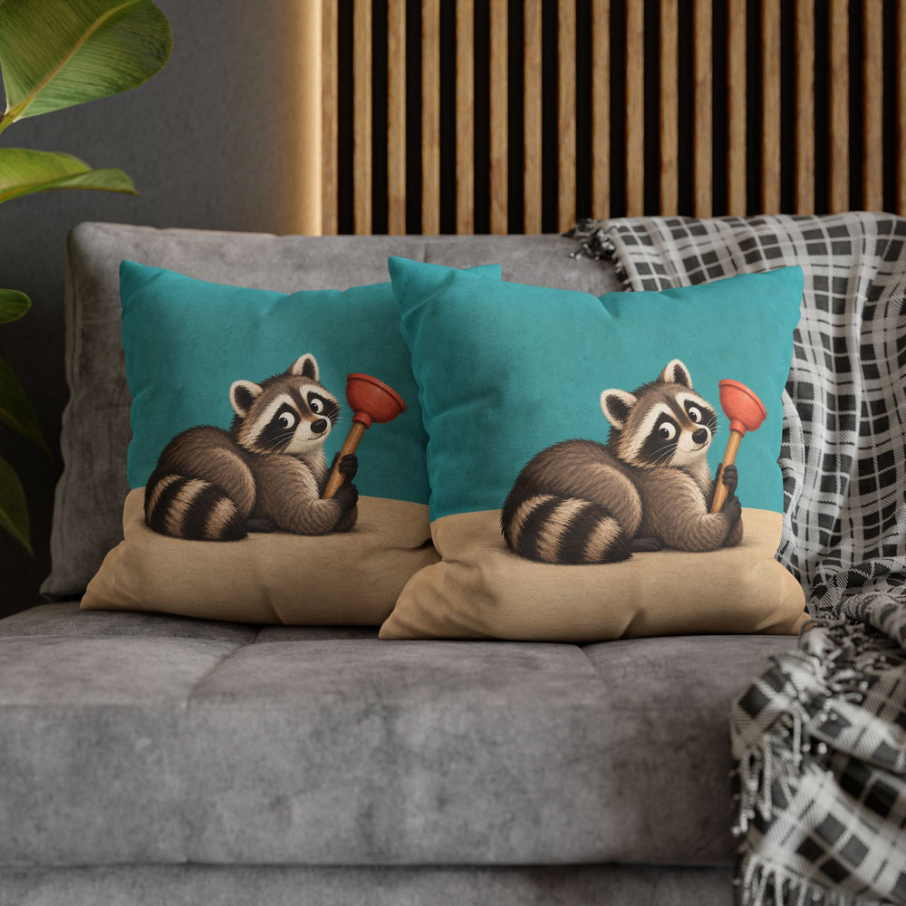 The Plunger Incident – Funny Bathroom Art with a Guilty Raccoon – Pillow / Cover