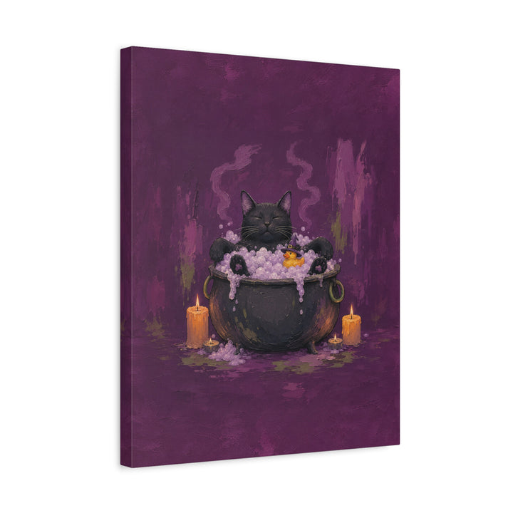 The Familiar's Bath Night – Black Cat Art with a Bubbling Cauldron Soak – Canvas / Framed Canvas