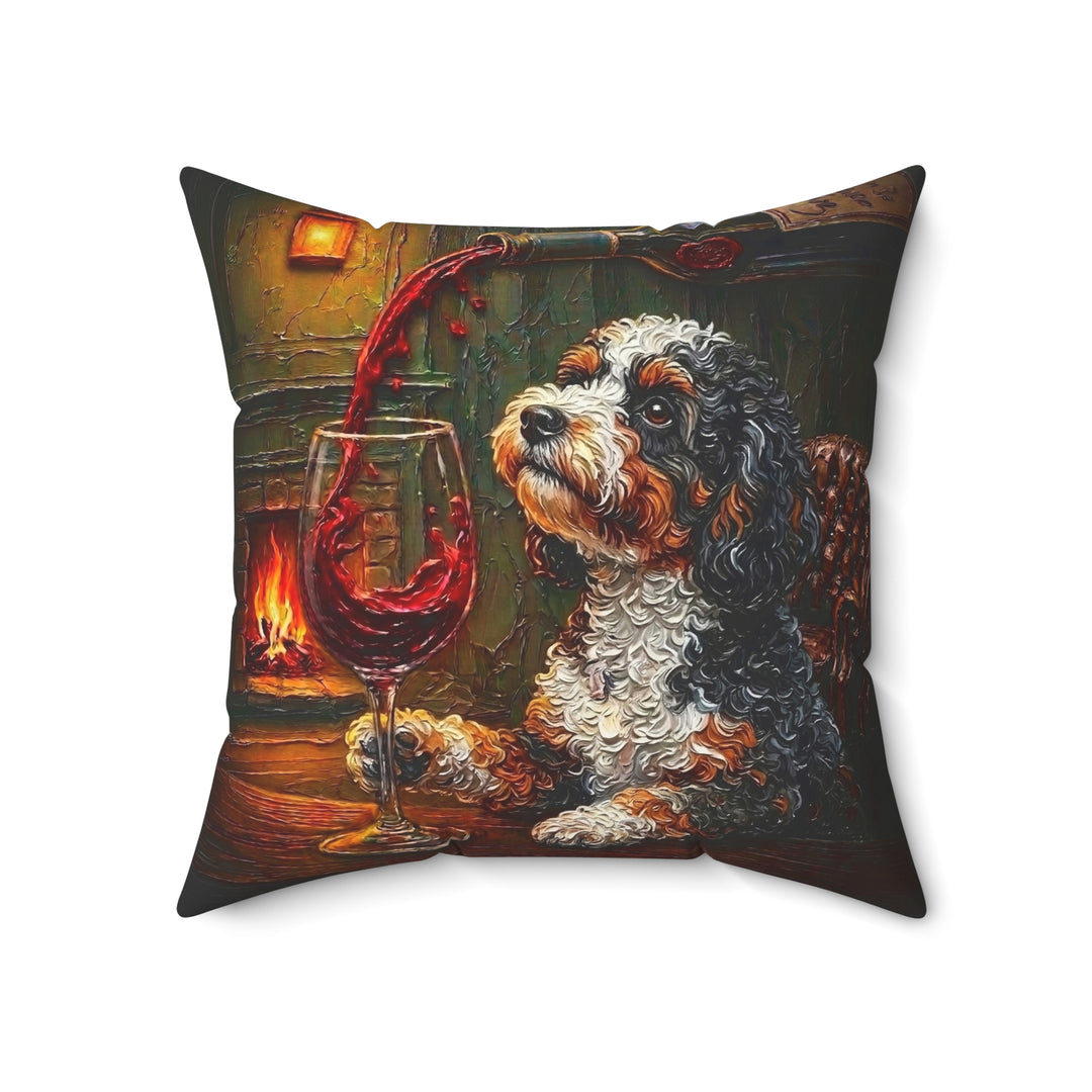 "Wine & Woof" - Bichon Frise Throw Pillow - Dog Lover Home Decor