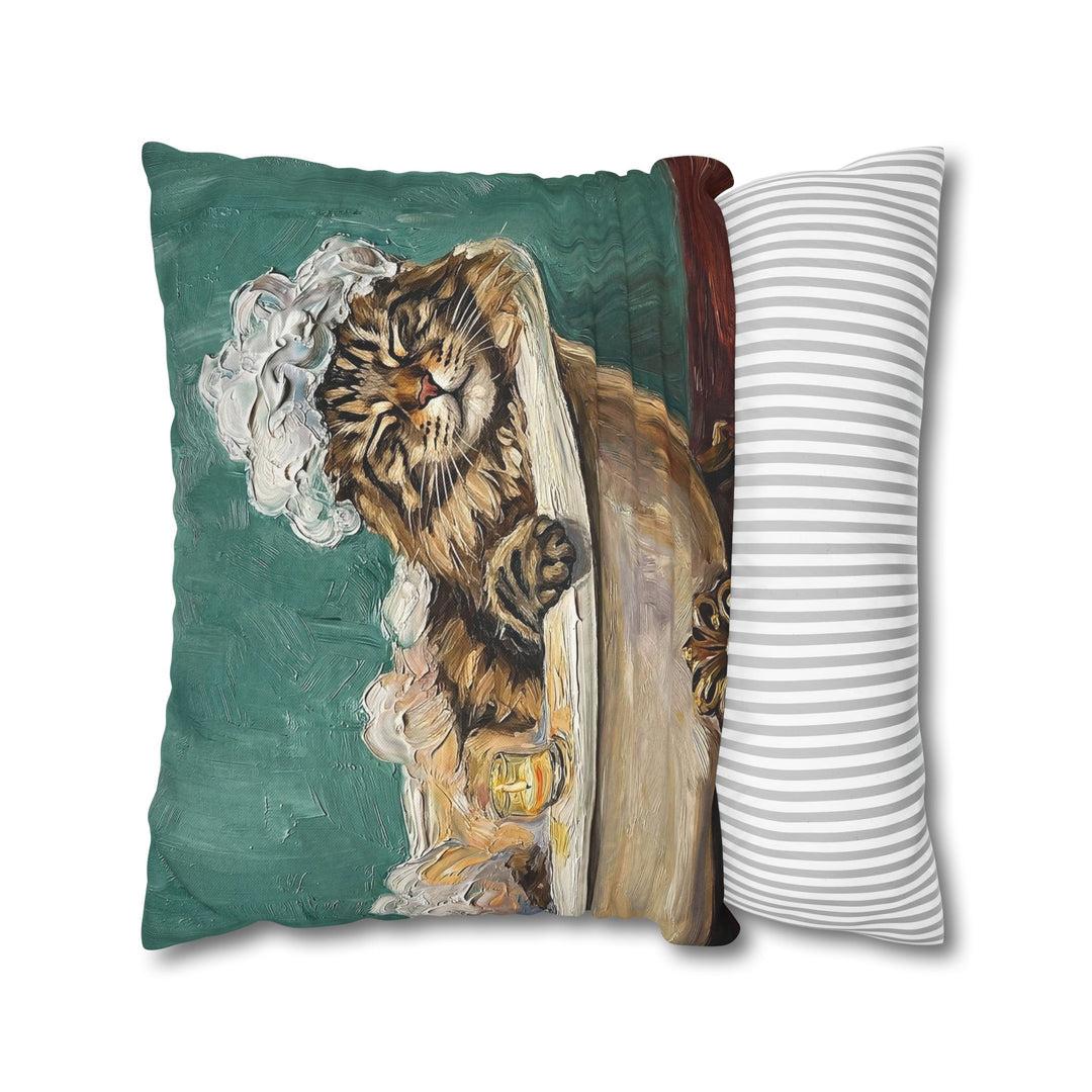 "Spa Day" - Fluffy Tabby Longhair Pillow Cover - Cat Lover Home Decor