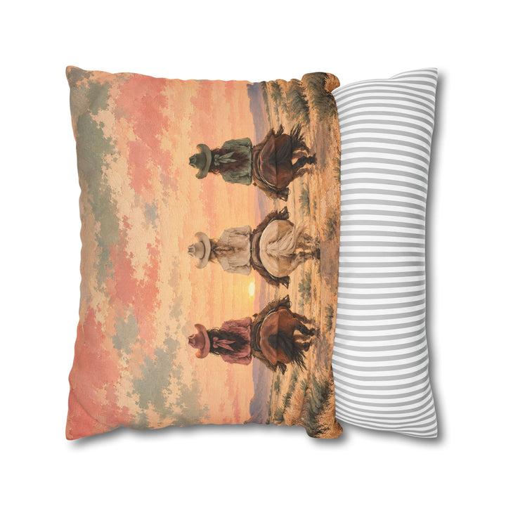 Dawn Ride, Backs Turned – Cowgirl Wall Art with Three Riders at First Light – Pillow / Cover