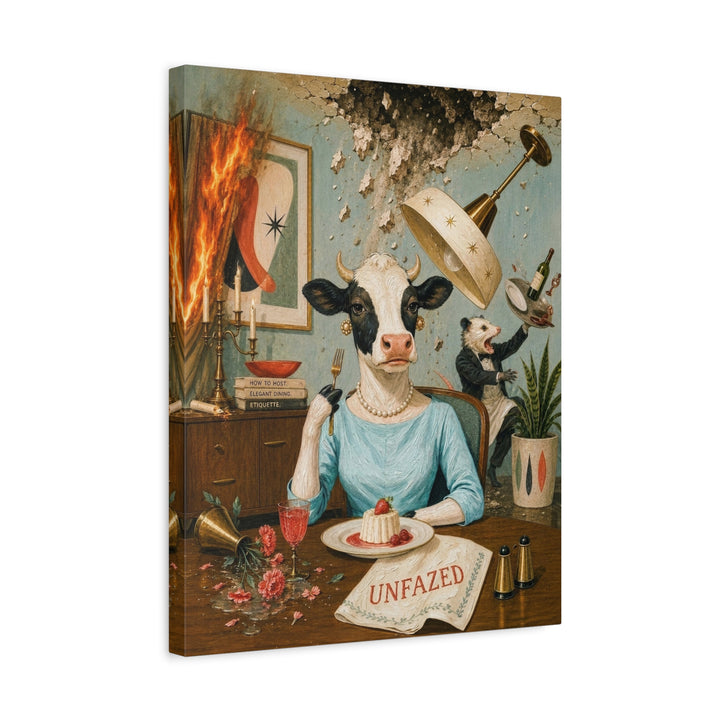 "Unfazed" - Cow Vertical Canvas - Dark Burnout Humor Wall Art