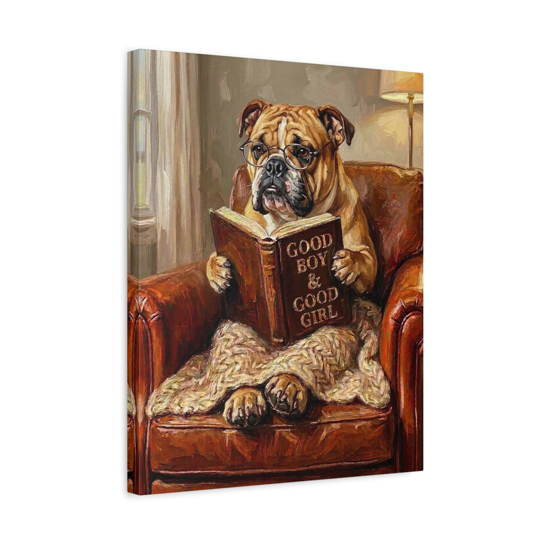 "Evening Read" - English Bulldog Vertical Canvas - Dog Lover Wall Art