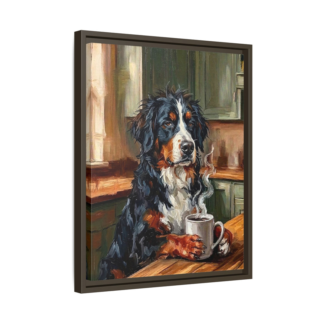 "Before Coffee" - Bernese Mountain Dog Vertical Framed Canvas - Dog Lover Wall Art