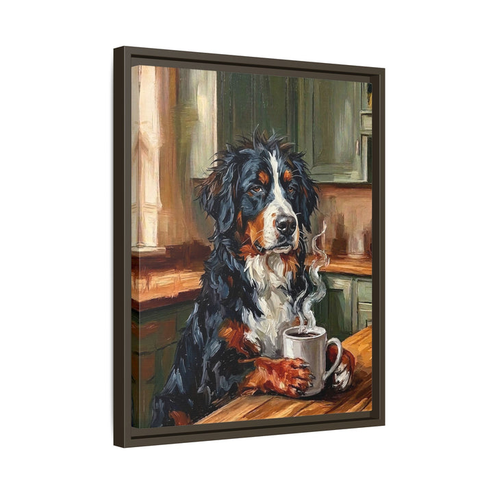 "Before Coffee" - Bernese Mountain Dog Vertical Framed Canvas - Dog Lover Wall Art