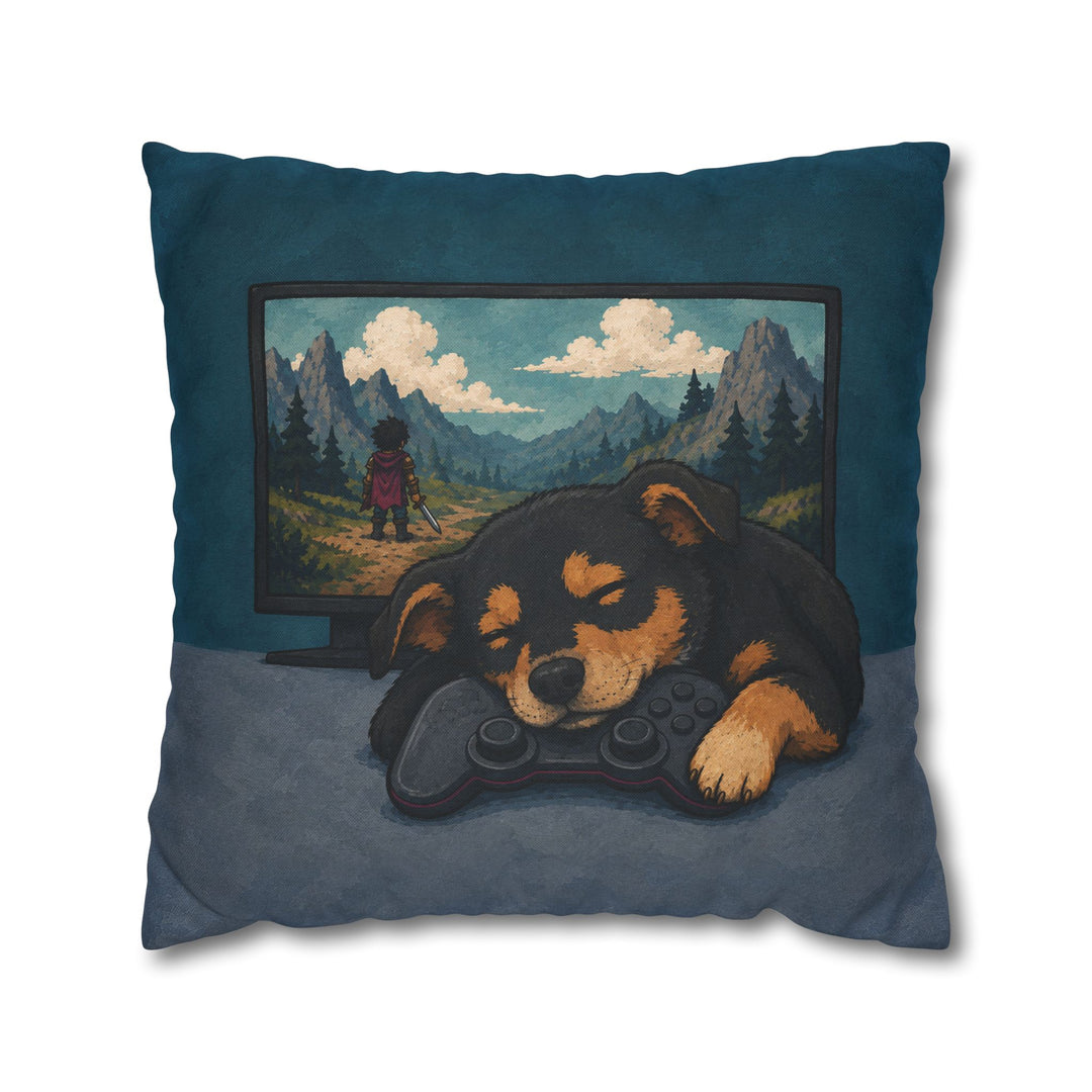 Respawn – Gaming Wall Art with a Dog Asleep on the Controller – Pillow / Cover