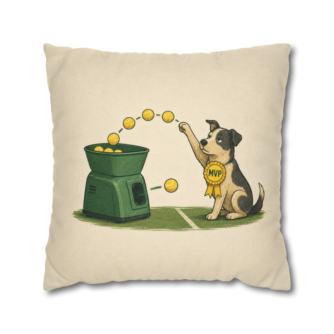 Ball Machine – Tennis Wall Art with a Dog Outpacing the Feeder – Pillow / Cover