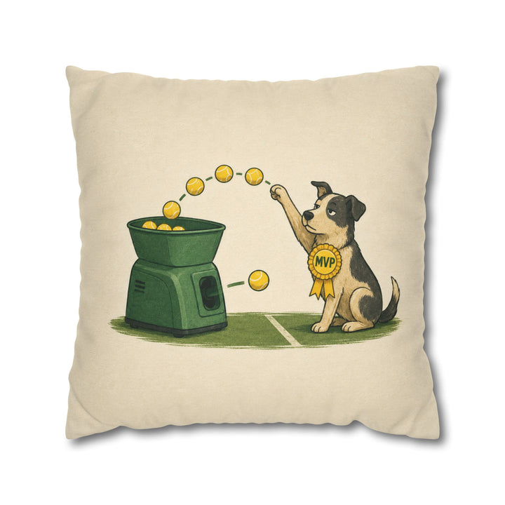 Ball Machine – Tennis Wall Art with a Dog Outpacing the Feeder – Pillow / Cover