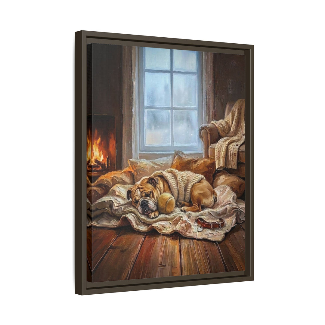 "Calm Memories" - English Bulldog Vertical Framed Canvas - Dog Lover Wall Art