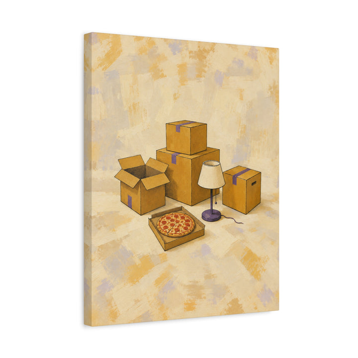Sold: First Night – Apartment Wall Art with One Lamp and Floor Pizza – Canvas / Framed Canvas