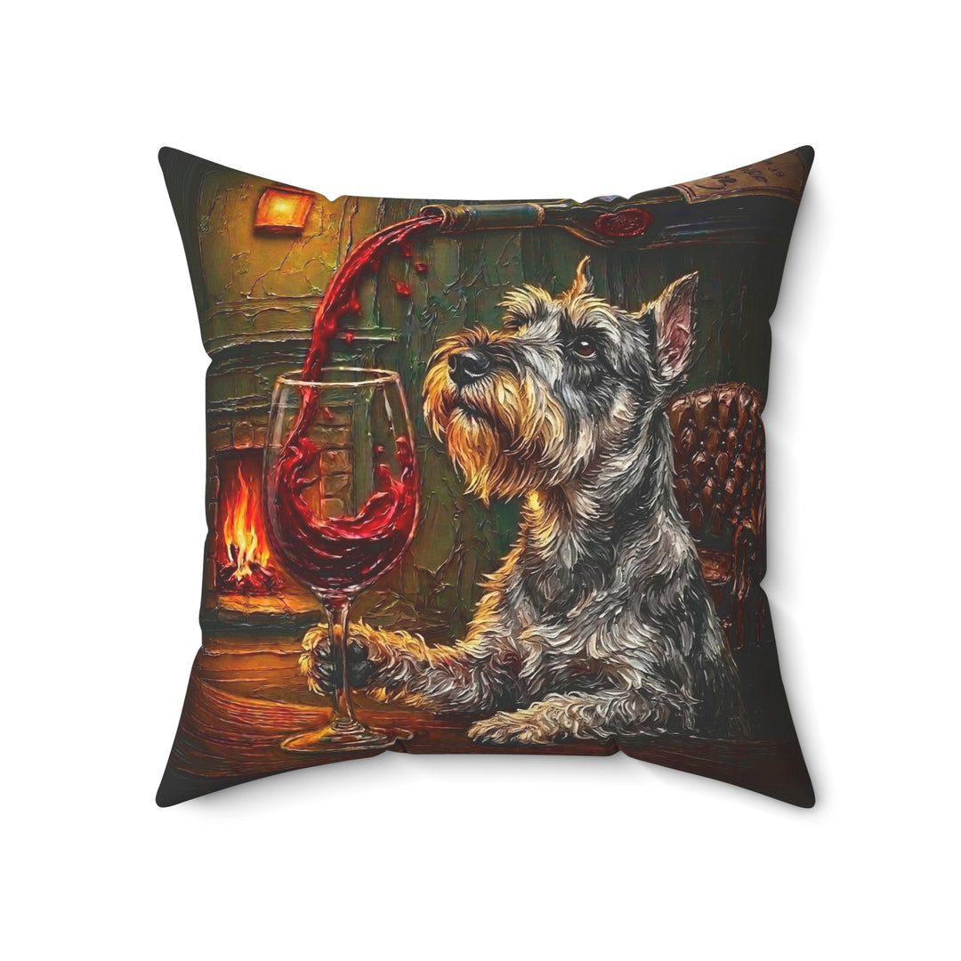 "Wine & Woof" - Schnauzer Throw Pillow - Dog Lover Home Decor