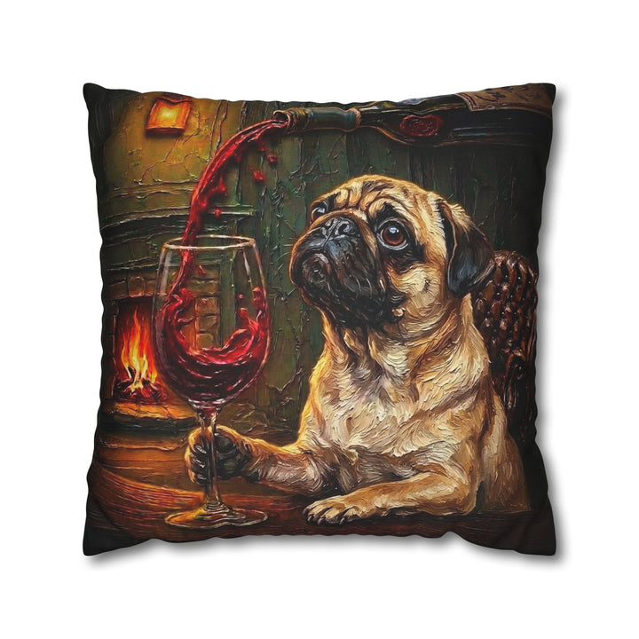 "Wine & Woof" - Pug Throw Pillow - Dog Lover Home Decor