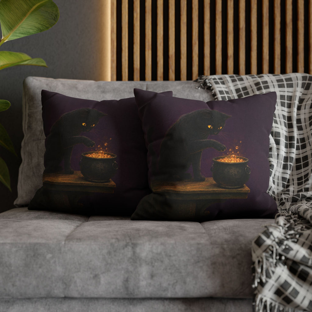 Potion Quality Control – Whimsigoth Decor with a Paw Over a Bubbling Brew – Pillow / Cover