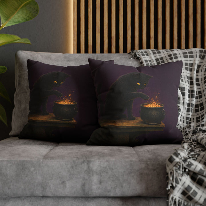 Potion Quality Control – Whimsigoth Decor with a Paw Over a Bubbling Brew – Pillow / Cover