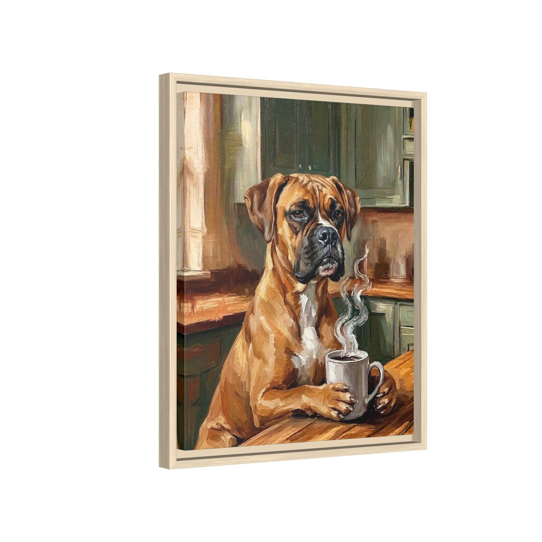 "Before Coffee" - Boxer Vertical Framed Canvas - Dog Lover Wall Art