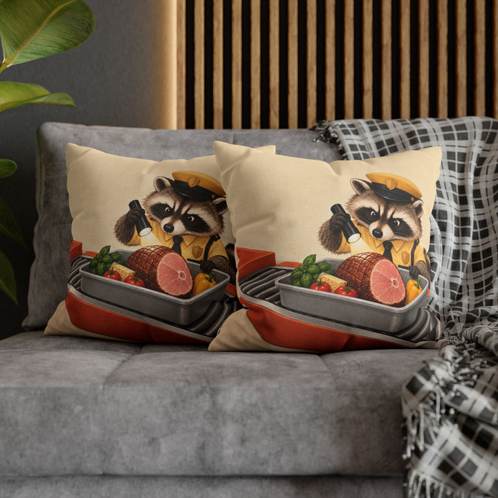 Snack Customs – Funny Kitchen Art with a Raccoon Inspecting Groceries – Pillow / Cover