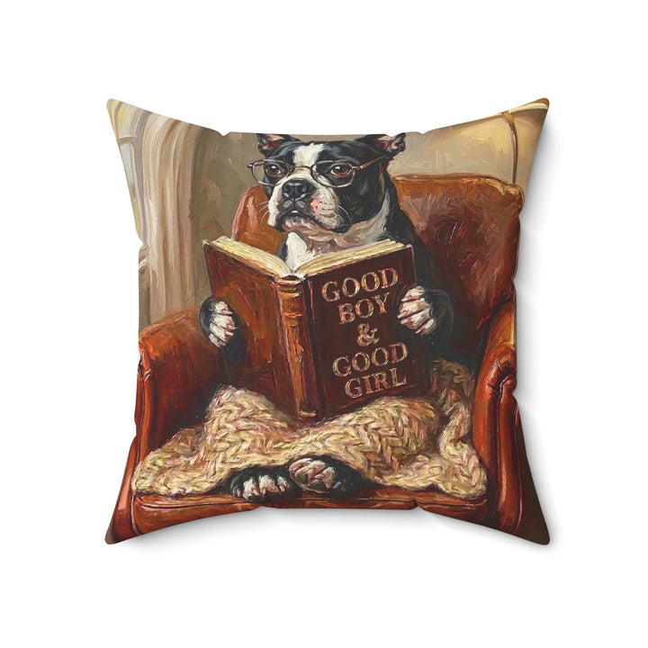 "Evening Read" - Boston Terrier Throw Pillow - Dog Lover Home Decor