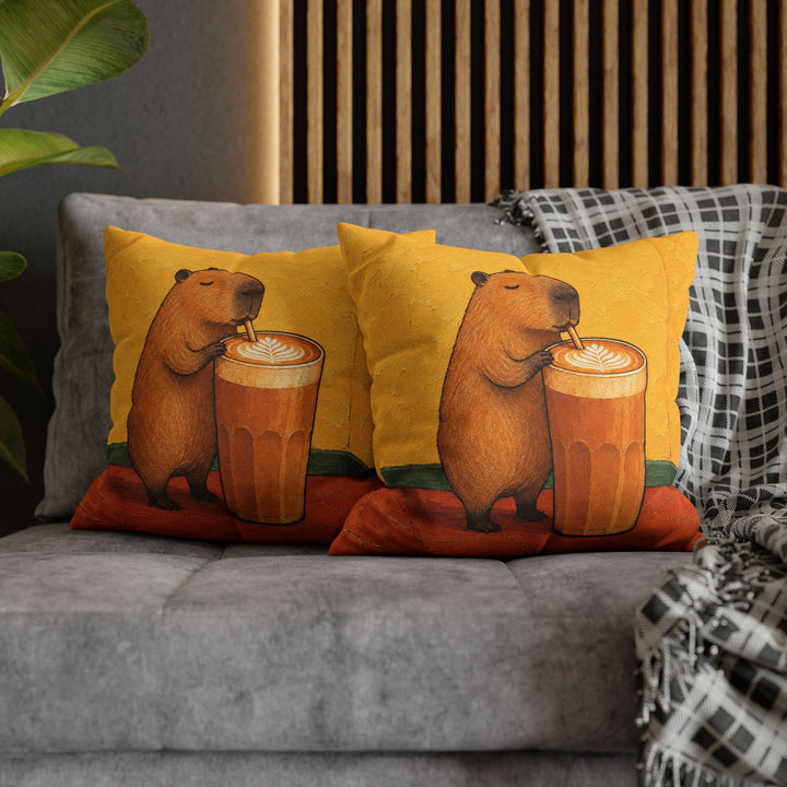 Latte Capybara – Coffee Wall Art with a Calm Rodent in a Sunlit Cafe – Pillow / Cover