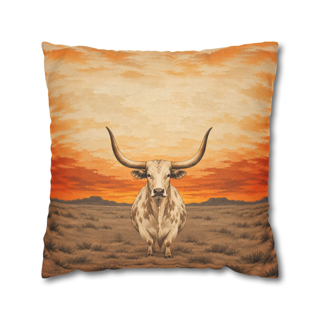 Longhorn Sunset – Western Wall Art with a Horned Silhouette at Dusk – Pillow / Cover