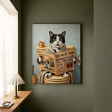 "Morning Business" - Black & White Bicolor Vertical Canvas - Cat Lover Wall Art