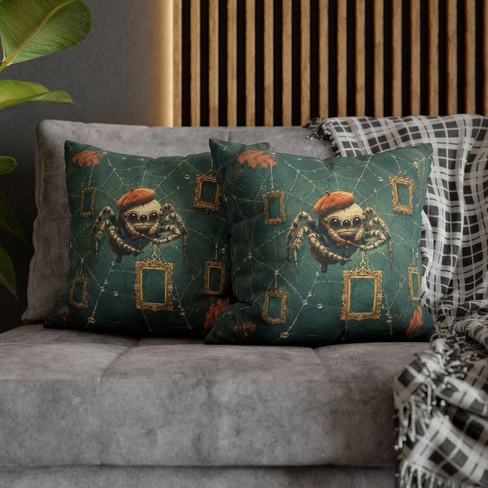 The Cobweb Gallery – Weird Wall Art with a Spider Hanging Empty Frames – Pillow / Cover