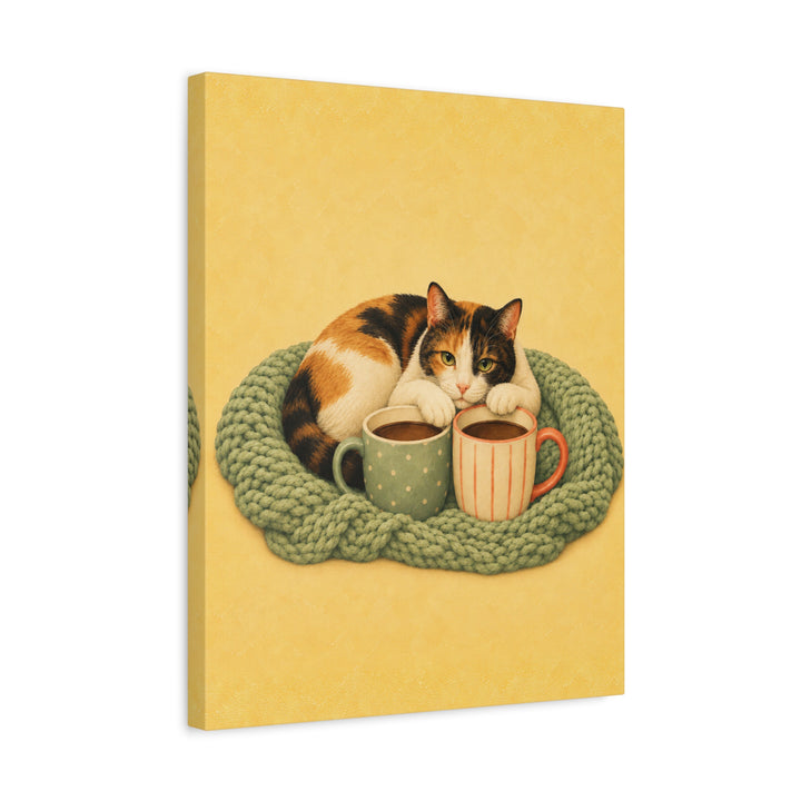 Cat Mom Club – Cat Mom Art with a Knit Blanket and Two Mugs – Canvas / Framed Canvas