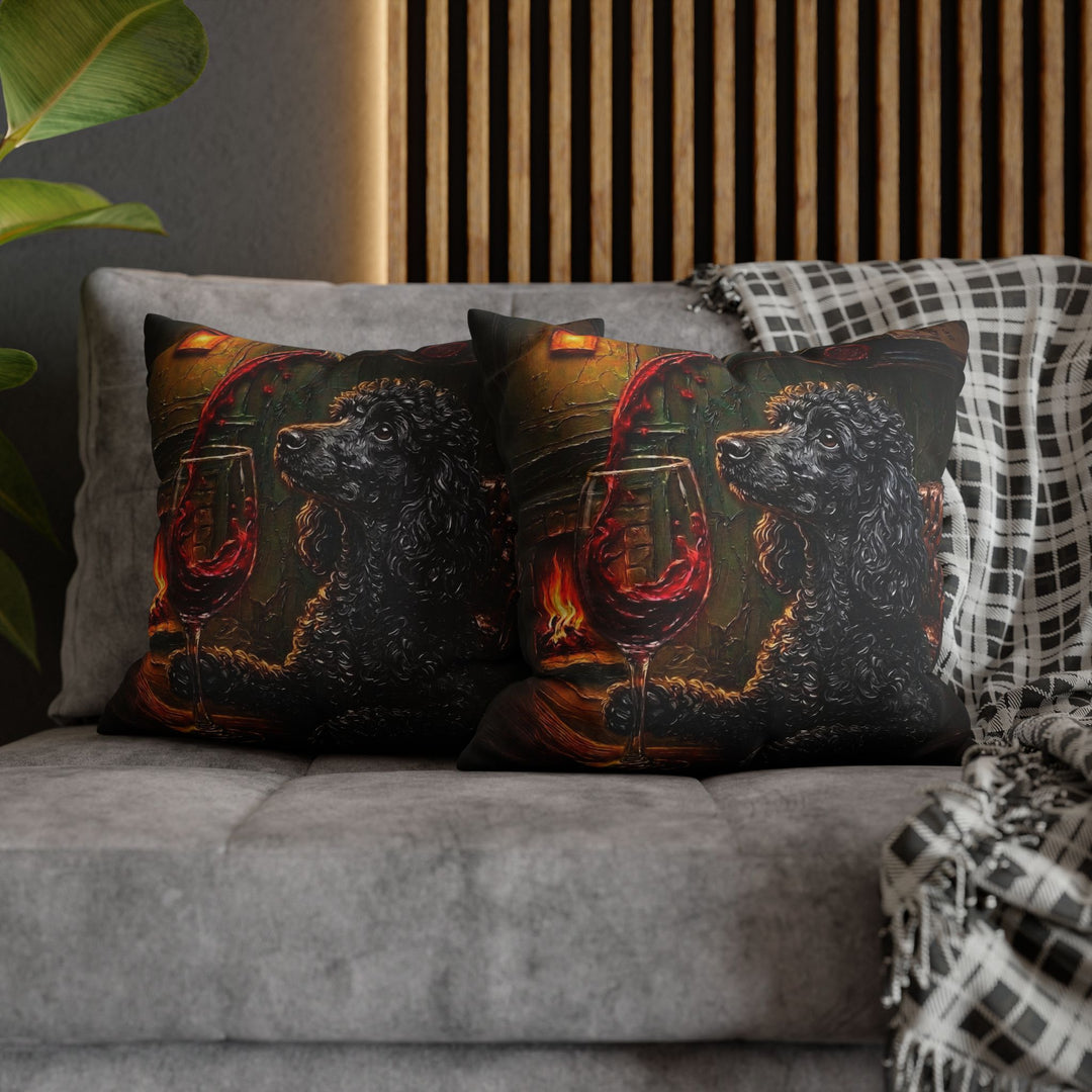 "Wine & Woof" - Poodle Throw Pillow - Dog Lover Home Decor