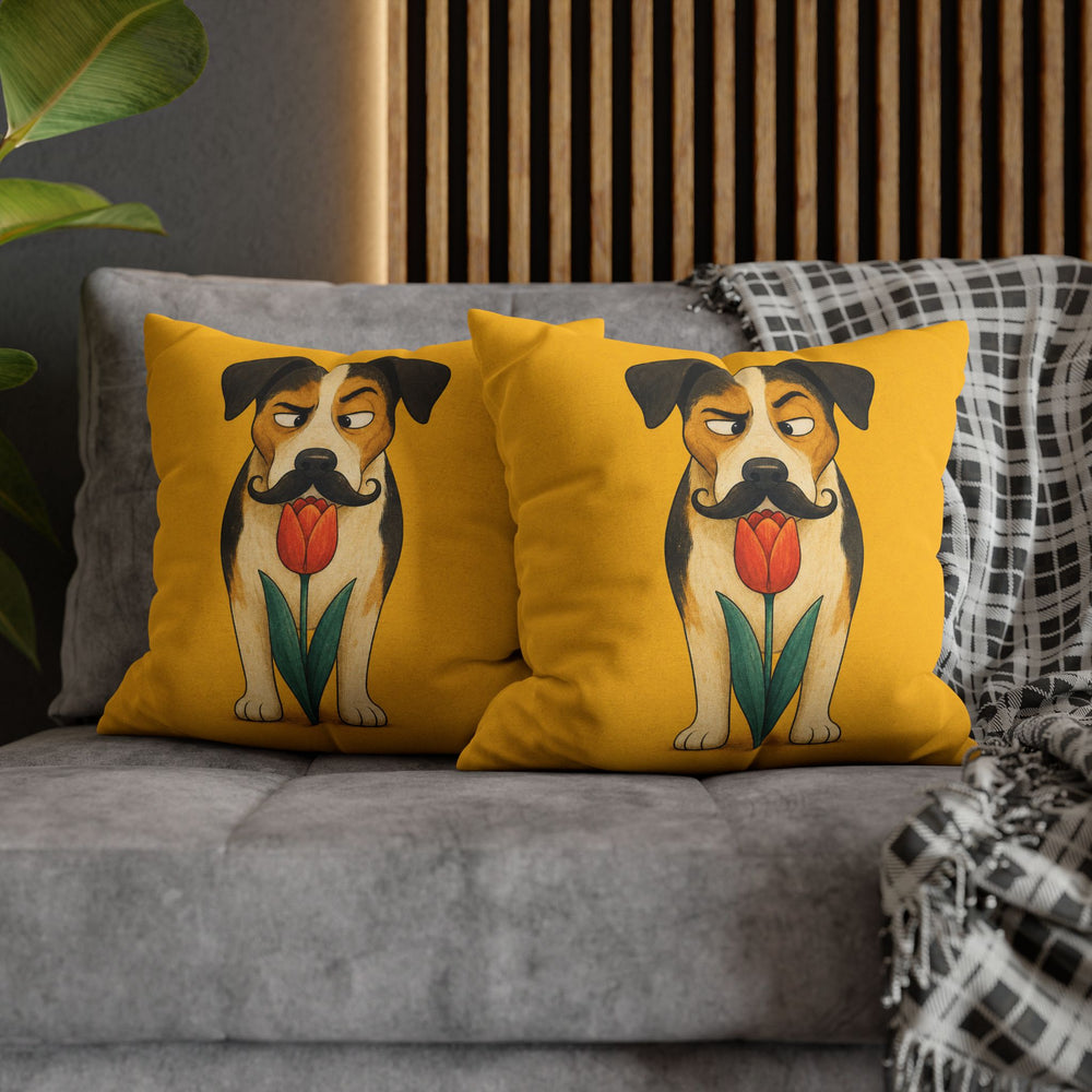 Garden Inspector II – Funny Dog Art with a Suspicious Tulip Sniff – Pillow / Cover
