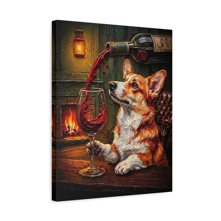 "Wine & Woof" - Corgi Vertical Canvas - Dog Lover Wall Art