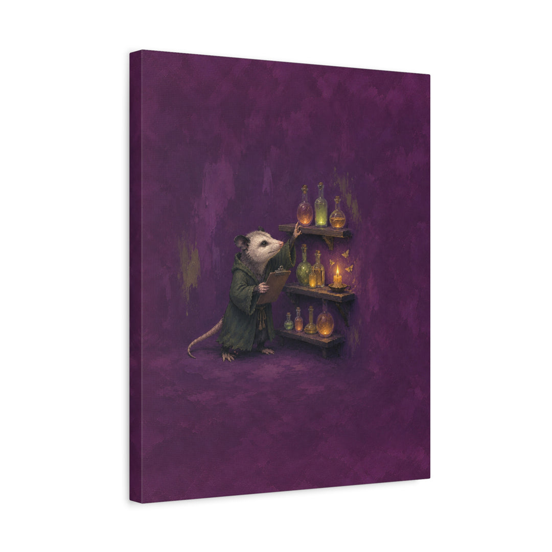 Potion Inventory, 3AM – Witchy Shelf Decor with an Opossum Counting Jars – Canvas / Framed Canvas