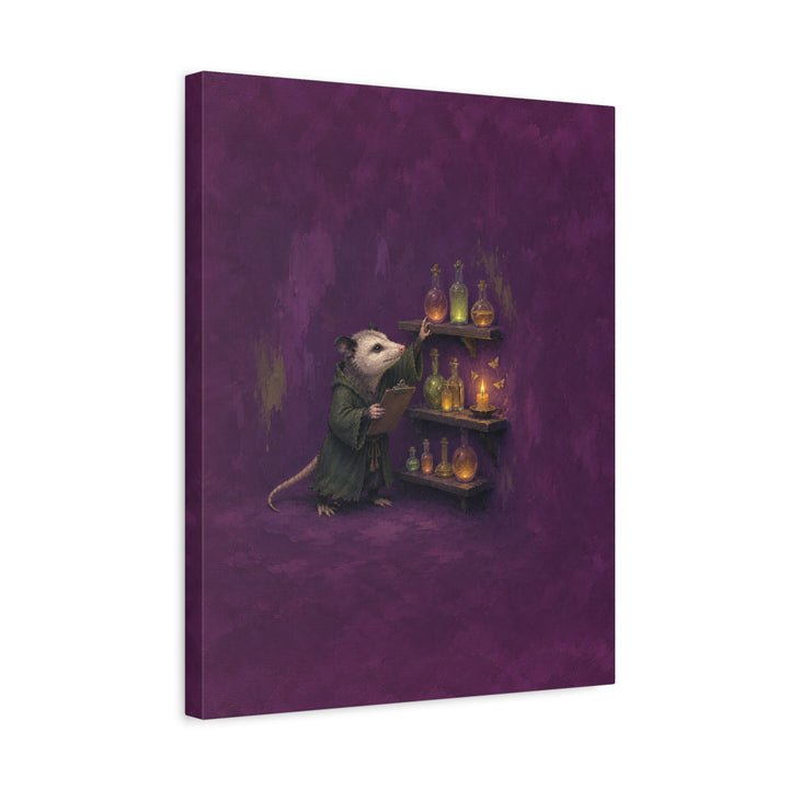 Potion Inventory, 3AM – Witchy Shelf Decor with an Opossum Counting Jars – Canvas / Framed Canvas