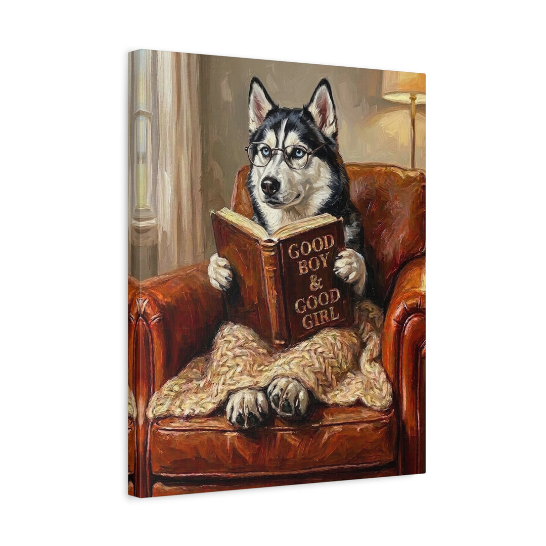 "Evening Read" - Husky Vertical Canvas - Dog Lover Wall Art