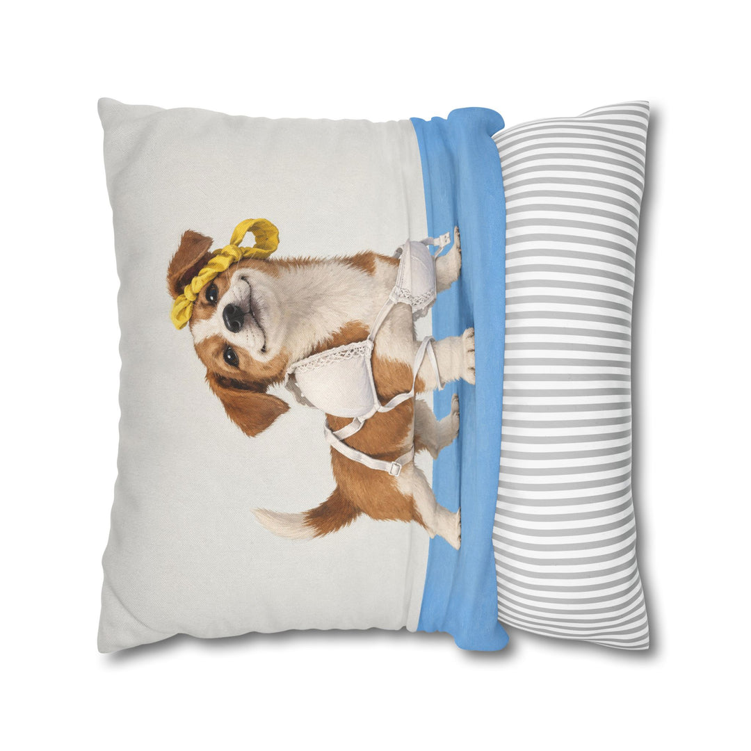 Delicates Down – Laundry Room Art with a Puppy in Tangled Straps – Pillow / Cover