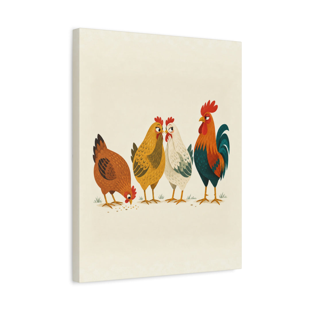 Coop Gossip, Mid Century – Mid Century Modern Art with Geometric Hens Talking – Canvas / Framed Canvas