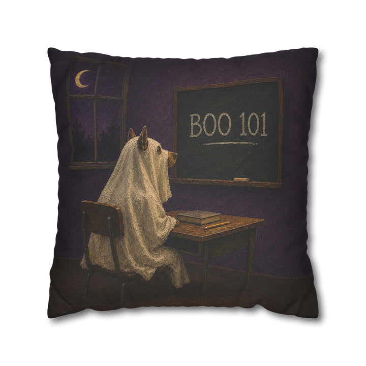 BOO 101 – Halloween Wall Art with a Sheet Ghost at a Desk – Pillow / Cover