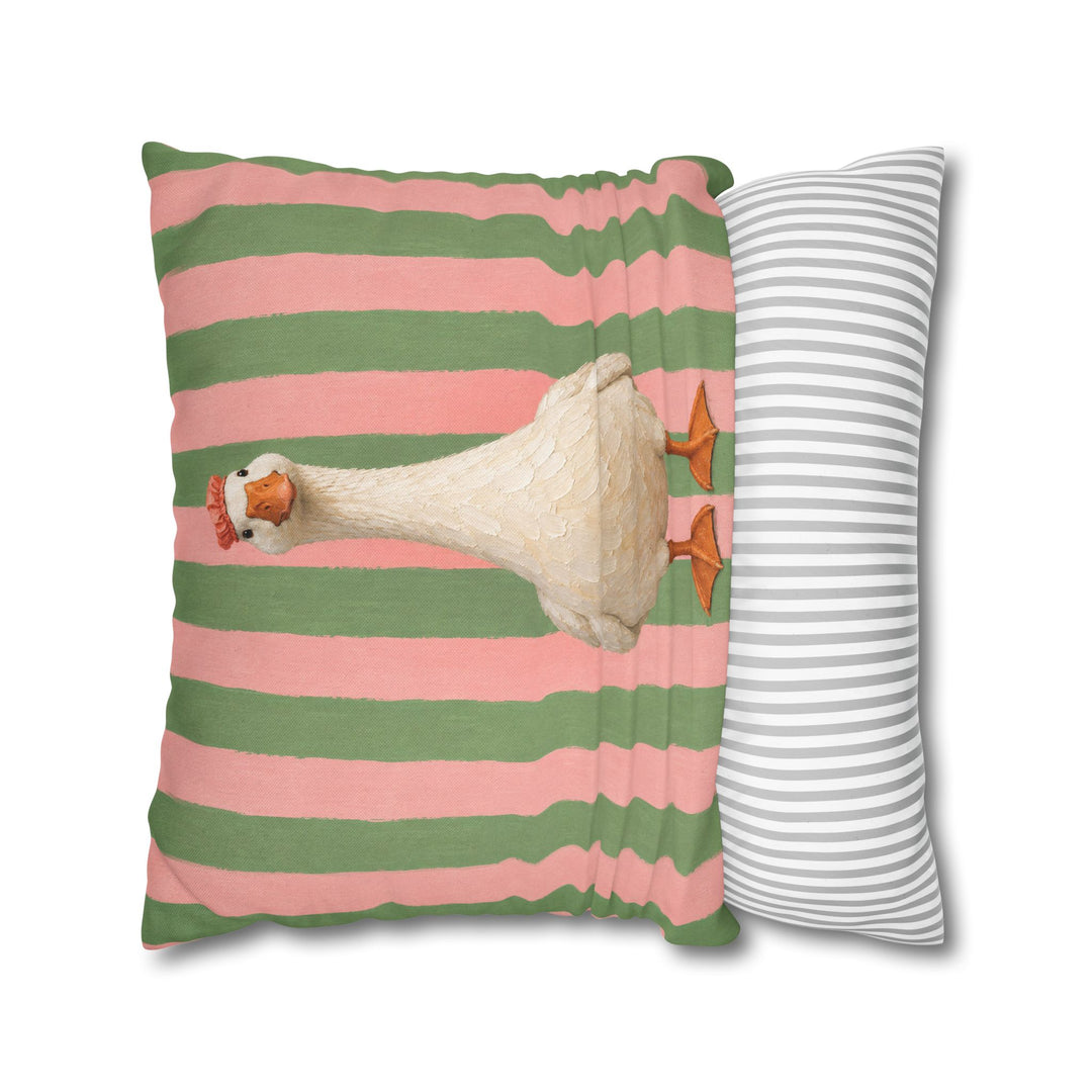 Sunday Best – Goose Art with a Shower Cap on Pink Sage Stripes – Pillow / Cover