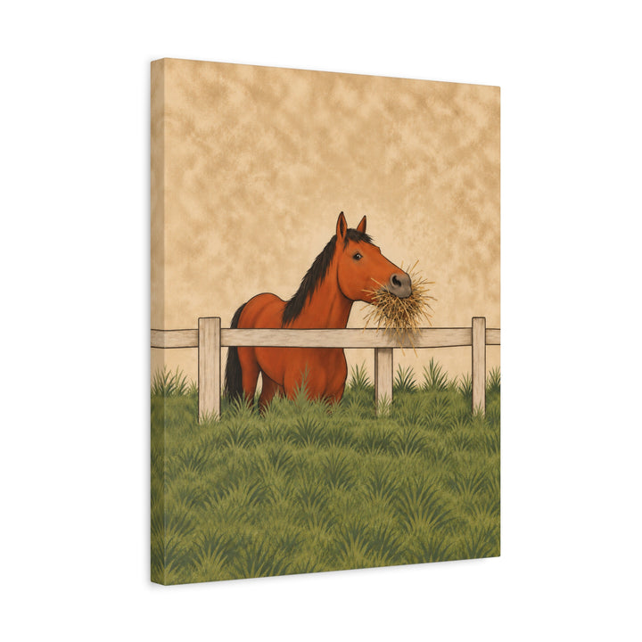 Hay There – Equestrian Art with a Fence Greeting and Full Mouth – Canvas / Framed Canvas