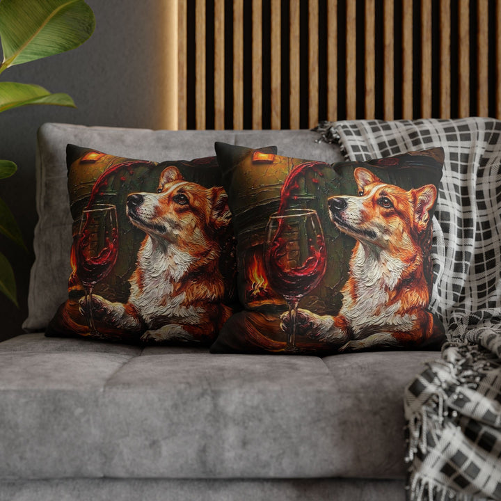 "Wine & Woof" - Corgi Pillow Cover - Dog Lover Home Decor