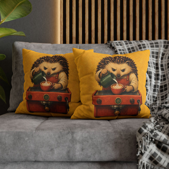 Barista Hedgehog – Coffee Bar Art with a Spiky Server Pouring Foam – Pillow / Cover