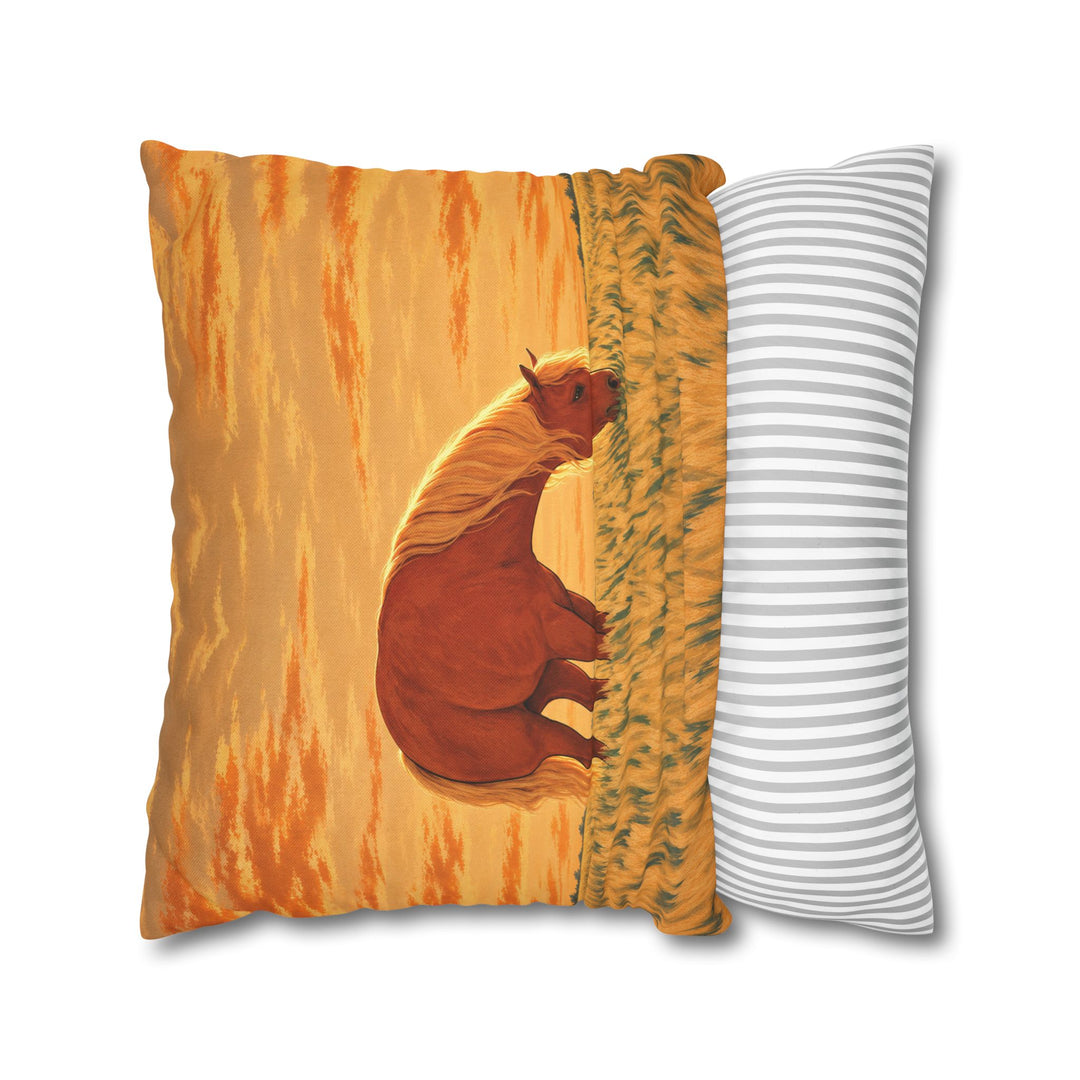 Golden Hour Grazer – Horse Painting with a Backlit Evening Pasture – Pillow / Cover