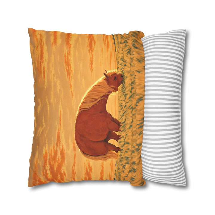 Golden Hour Grazer – Horse Painting with a Backlit Evening Pasture – Pillow / Cover
