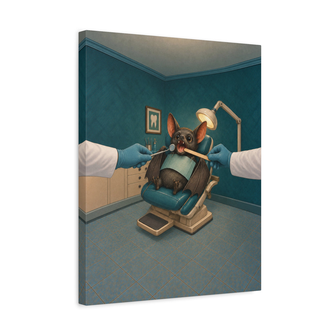 The Fang Checkup – Halloween Wall Art with a Brave Bat at a Dental Mirror – Canvas / Framed Canvas
