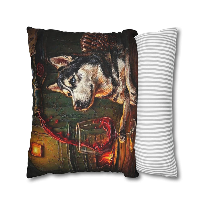 "Wine & Woof" - Husky Throw Pillow - Dog Lover Home Decor