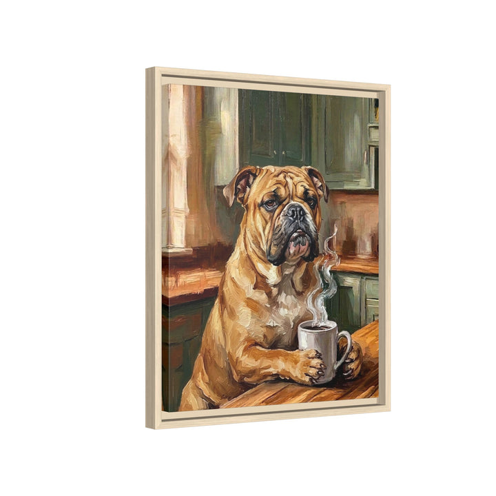 "Before Coffee" - English Bulldog Vertical Framed Canvas - Dog Lover Wall Art