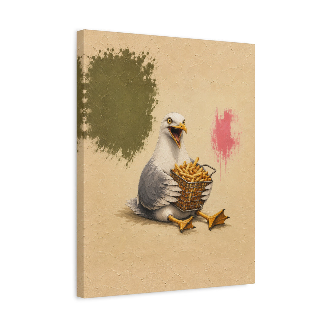 Chip Thief – Funny Animal Art with a Seagull and a Fry Basket – Canvas / Framed Canvas